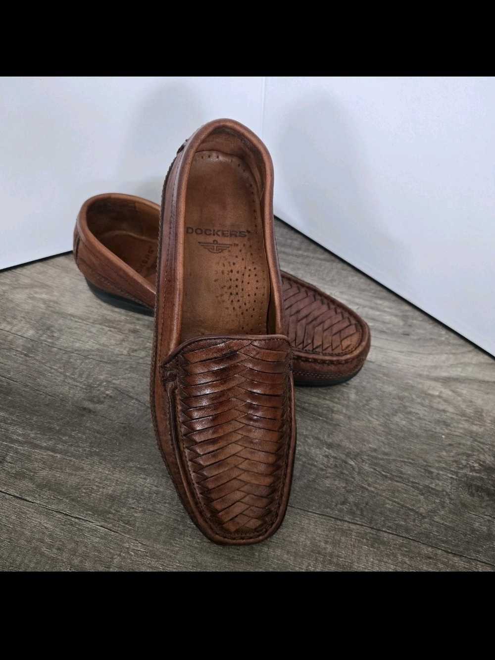 Dockers Mens Woven Herringbone Leather Slip On Loafers Brown Sz 8.5 Conditioned